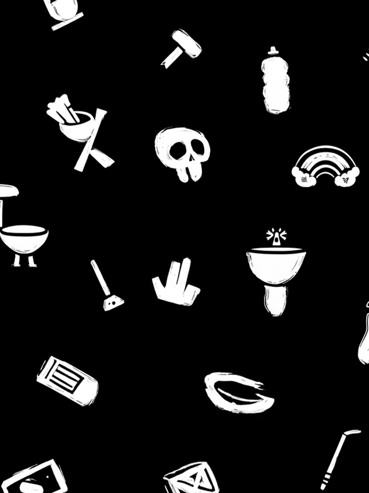 Tiled pattern of small white Deadpan icons—including toilets, rainbows, skulls, plungers and spray bottles—scattered across a solid black background.