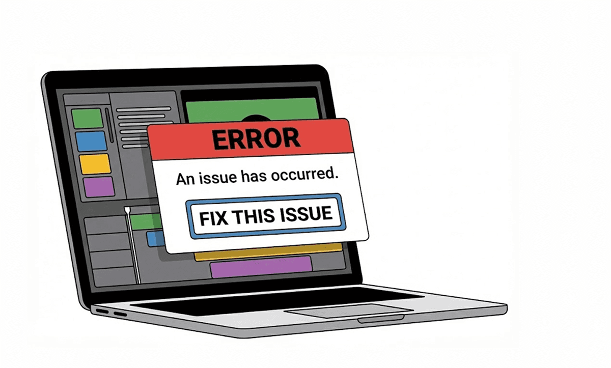 Laptop showing an editing interface with an error popup reading “An issue has occurred” and a “Fix this issue” button.