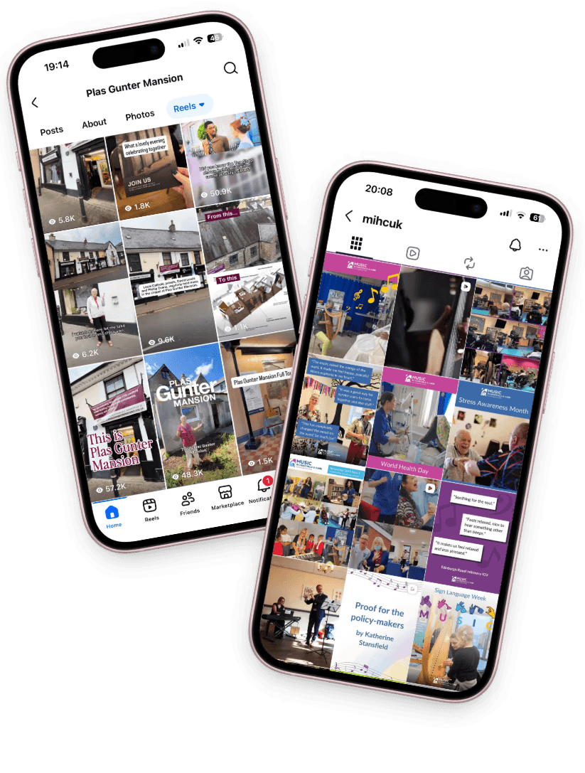 Two phones with a screenshot of the Plas Gunter Mansion Facebook page and MIHC Instagram page.