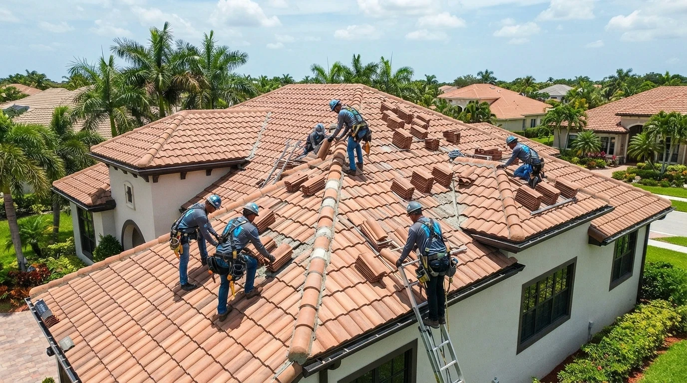 Roofing Network crew installing a concrete tile roof on a South Florida single-family home in Davie
