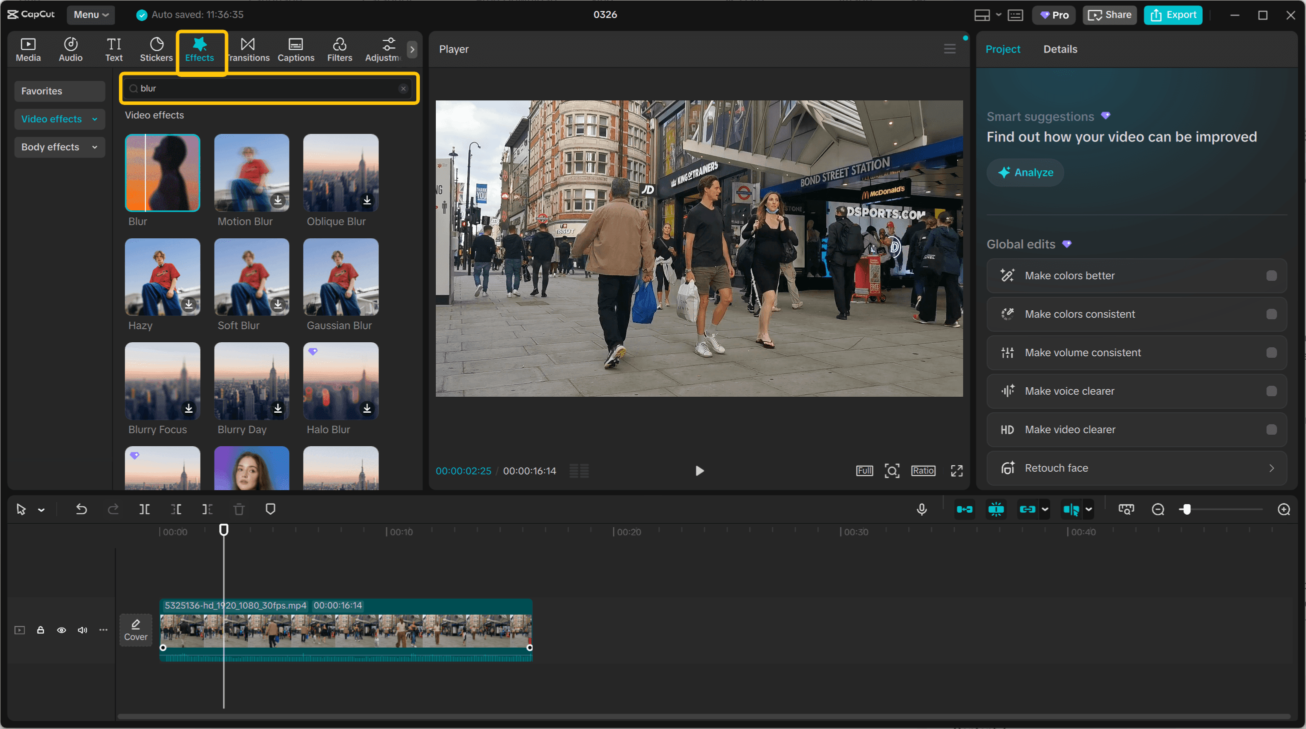 Find a blur effect in CapCut