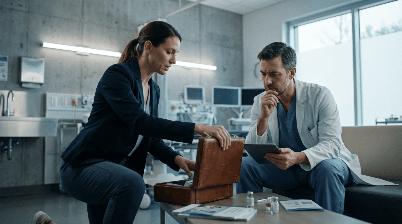 Medical sales rep selling a doctor new pharmacuticals using AI sales coaching feedback in their latest pitch