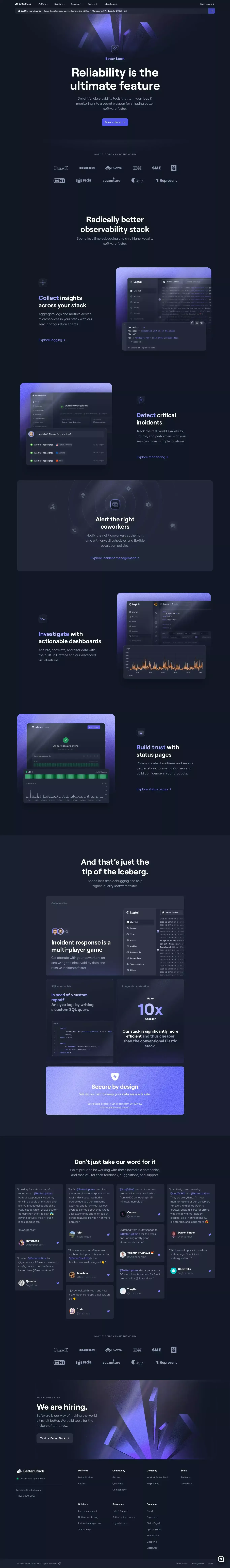 Better Stack - Radically Better Observab landing page screenshot showcasing Tech design