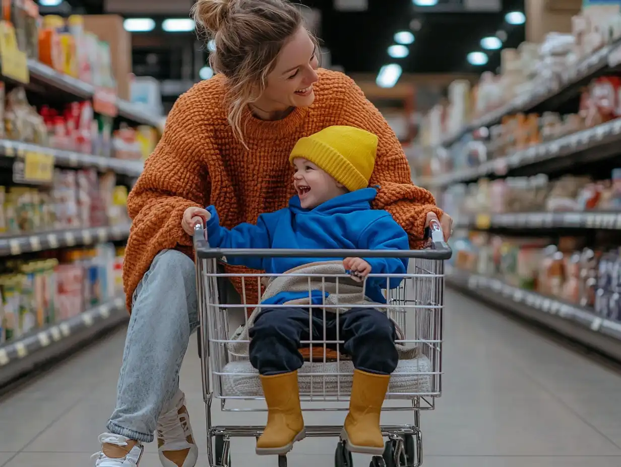 A cheerful nanny assisting a child during a shopping trip, illustrating the dual role of Nanny PAs in providing childcare and household support.