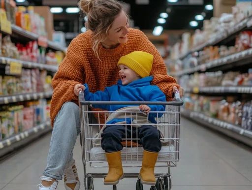 A cheerful nanny assisting a child during a shopping trip, illustrating the dual role of Nanny PAs in providing childcare and household support.