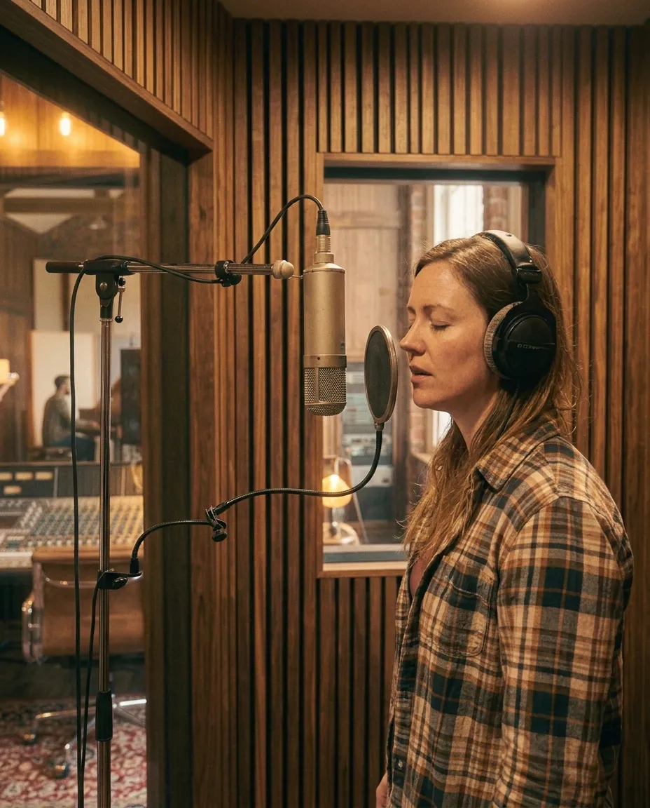 A singer recording in the vocal booth