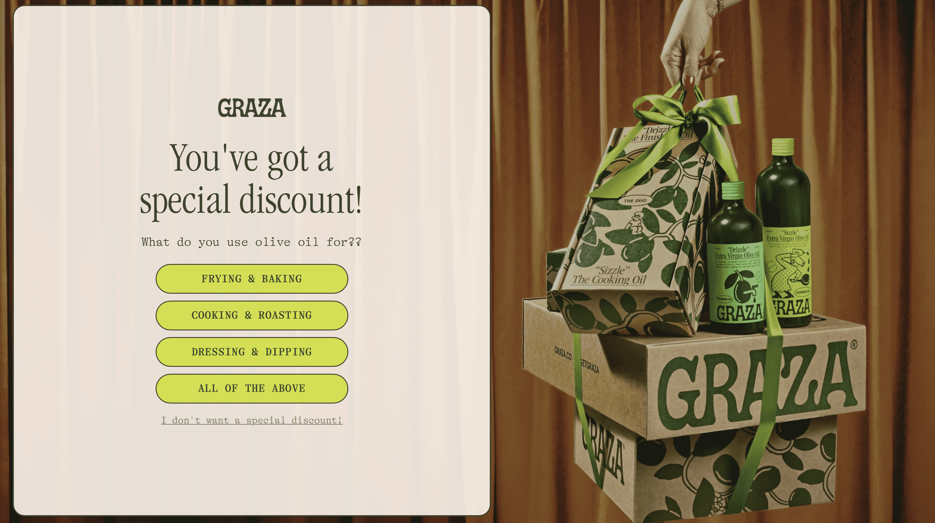 Graza discount modal asking how olive oil is used, shown beside boxed gift sets and bottled olive oil products.