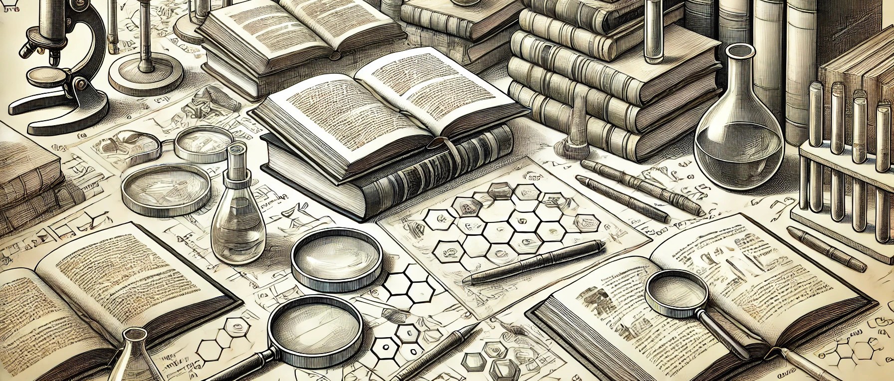 The image depicts a detailed and organized scientific workspace, filled with various books, tools, and scientific instruments. Key elements of the image include:  Scientific Books and Texts:  Open Books: Several open books are spread across the workspace, filled with text and illustrations, suggesting ongoing research and reference. Stacked Books: Piles of closed books are also present, indicating a wealth of knowledge and resources available for study. Scientific Instruments and Tools:  Magnifying Glasses: Multiple magnifying glasses are visible, used for close examination and detailed observation. Flasks and Test Tubes: A variety of glassware, including flasks and test tubes, are arranged neatly, indicating laboratory work and experiments. Drafting and Drawing Tools:  Pens and Pencils: Writing and drawing instruments are scattered around, used for taking notes, sketching, and drawing scientific diagrams. Drawings and Schematics: Detailed drawings, charts, and diagrams are spread out on the workspace, showcasing various scientific concepts and data. Hexagonal Patterns:  Hexagonal Tiles: A section of the workspace features hexagonal tiles or patterns, possibly representing molecular structures or other scientific models. Classical and Timeless Feel:  Sepia Tone: The image is rendered in a sepia tone, giving it a vintage and timeless quality, reminiscent of classical scientific studies. Detailed Illustration: The meticulous detail in the illustration emphasizes the precision and careful documentation involved in scientific work. Lab Environment:  Microscope: A microscope is partially visible, underscoring the focus on detailed and microscopic examination in scientific research. Laboratory Organization: The overall layout is organized, with tools and materials placed systematically, suggesting a well-maintained and functional laboratory environment. Overall, the image portrays a rich and immersive scene of a scientific workspace, combining elements of literature, laboratory instruments, and detailed scientific diagrams. The vintage aesthetic and meticulous arrangement highlight the importance of careful study, observation, and documentation in the field of science.