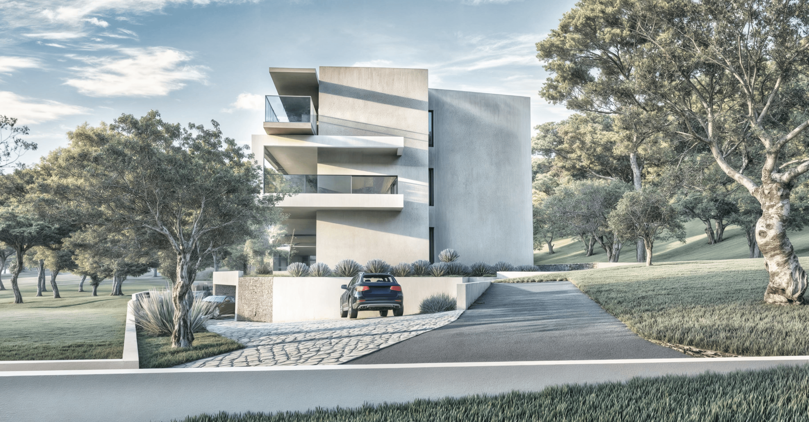 Black sports car in front of a modern, futuristic curved building.