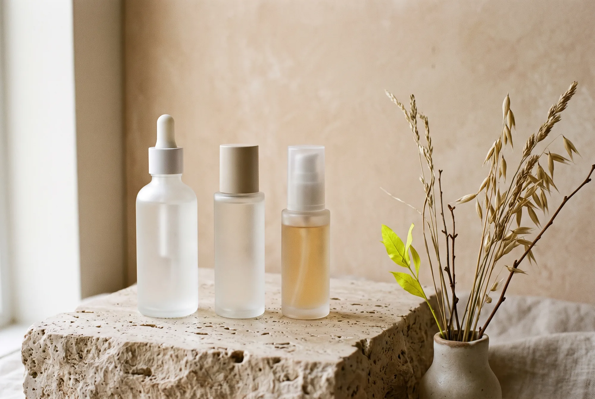 Three skincare bottles on a stone plinth with dried grass