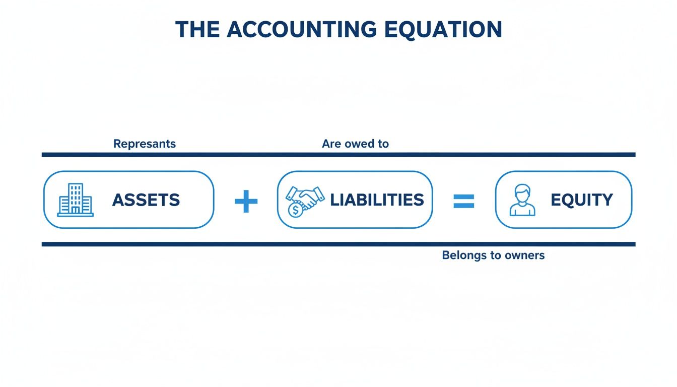 Diagram titled 'The Accounting Equation' showing Assets + Liabilities = Equity, with icons and labels.