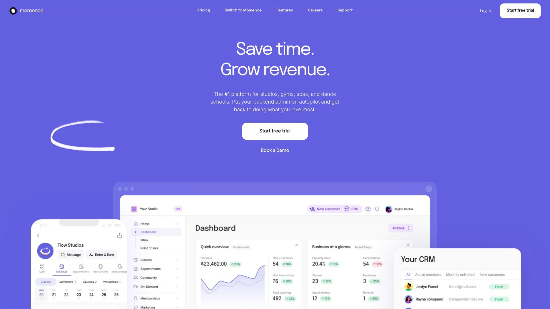 A homepage with a solid blue-purple background featuring the bold slogan 'Save time. Grow revenue.' Below, screenshots showcase the platform's interface, demonstrating various business management features and scheduling tools.