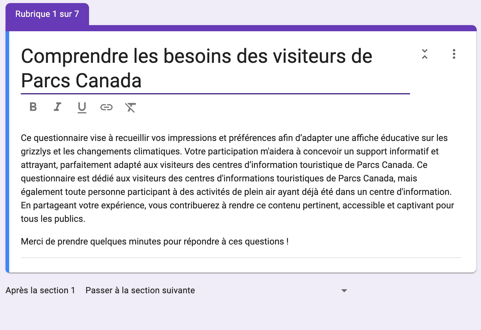 Image Google Form de l'introduction pour comprendre les besoins des visiteurs de Parcs Canada