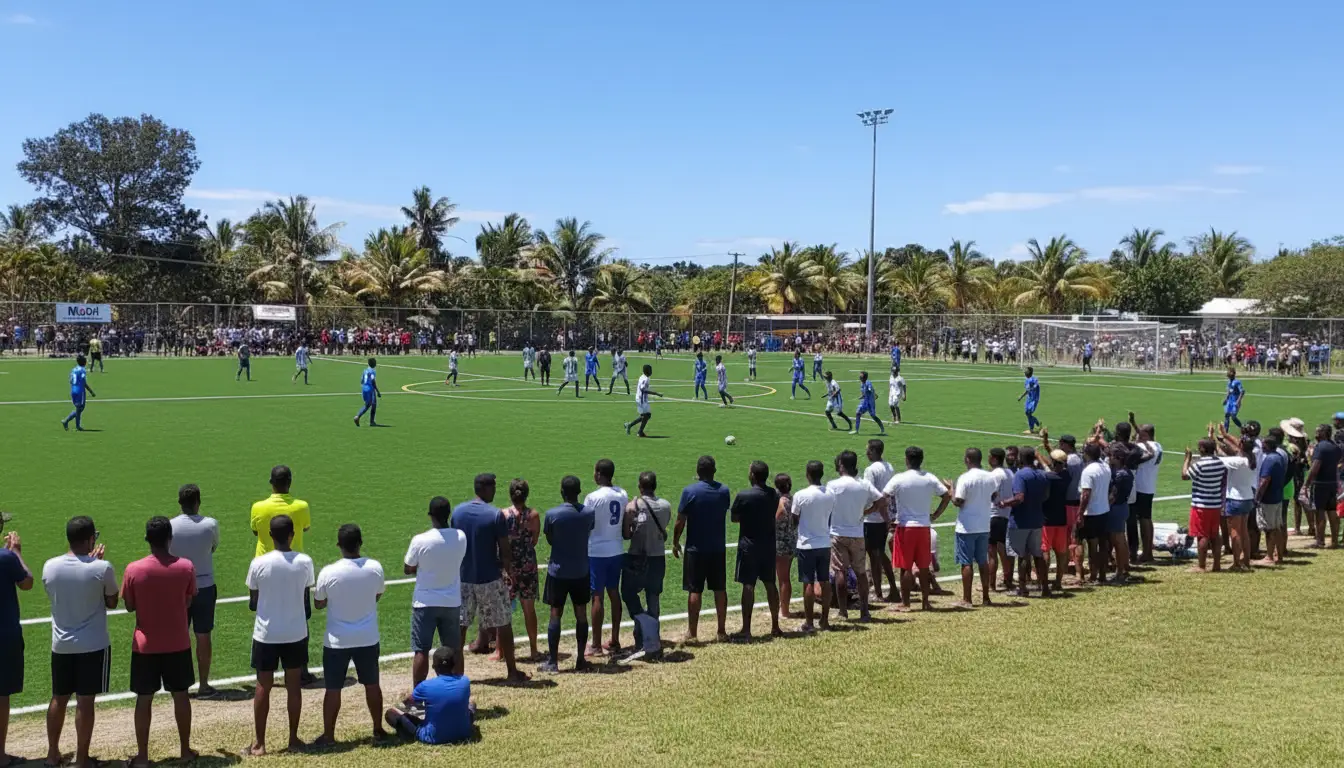 Sideline view of a sports field with players running, while crowd on the sidelines watch, in tropical Fiji