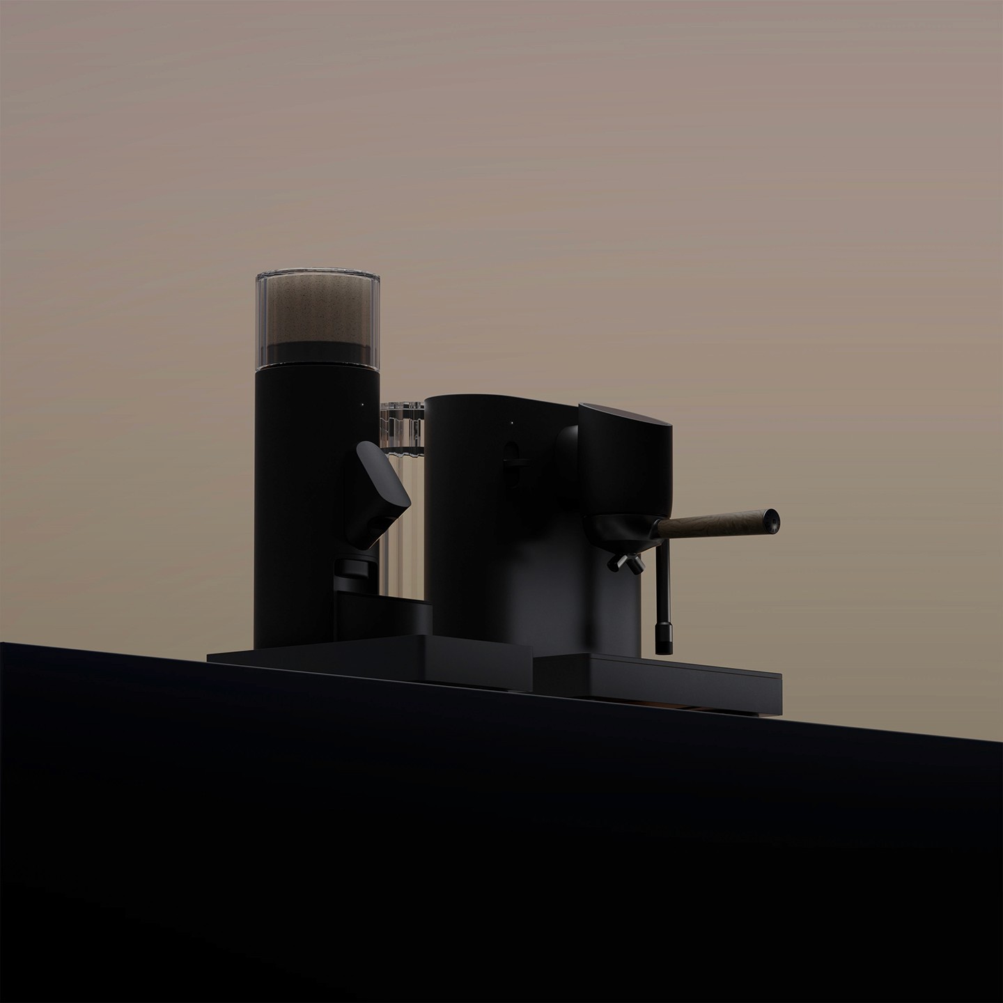 Sleek black coffee machine and grinder set on a dark surface against a soft beige gradient backdrop, exuding modernity and minimalism.