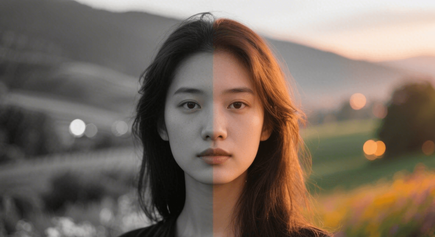Das Bild zeigt das Porträt einer jungen Frau, deren Gesicht vertikal geteilt ist. Die linke Hälfte des Bildes ist in Schwarz-Weiß gehalten, während die rechte Hälfte farbig ist und ihre Haare und die angrenzende Landschaft in warmem Abendlicht golden leuchten. Ihr Blick ist direkt auf den Betrachter gerichtet. Im Hintergrund sind unscharfe Hügel oder Berge zu sehen.