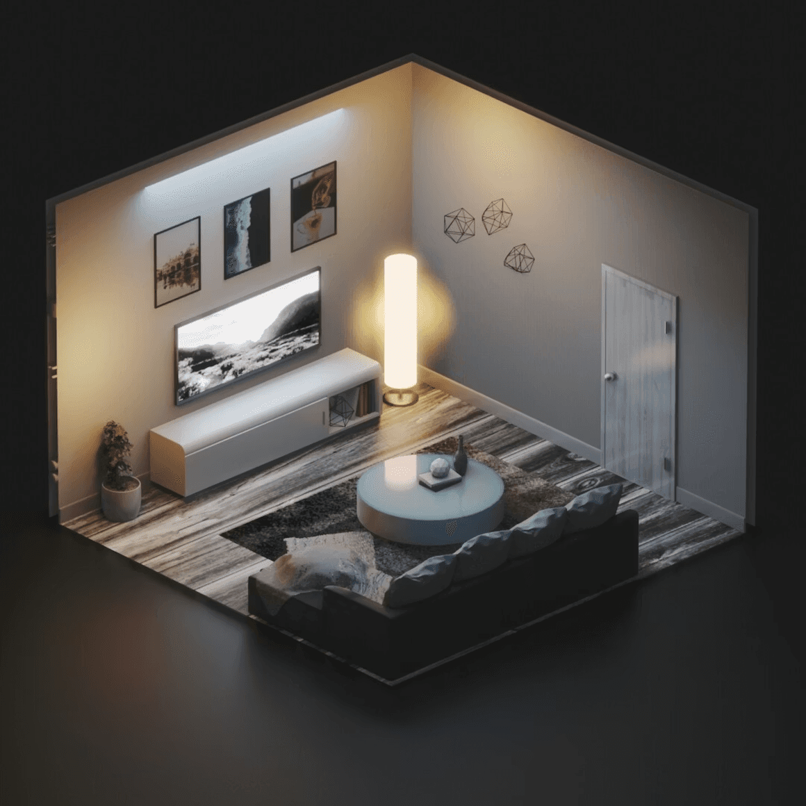 Isometric living room with TV, couch, and artwork.