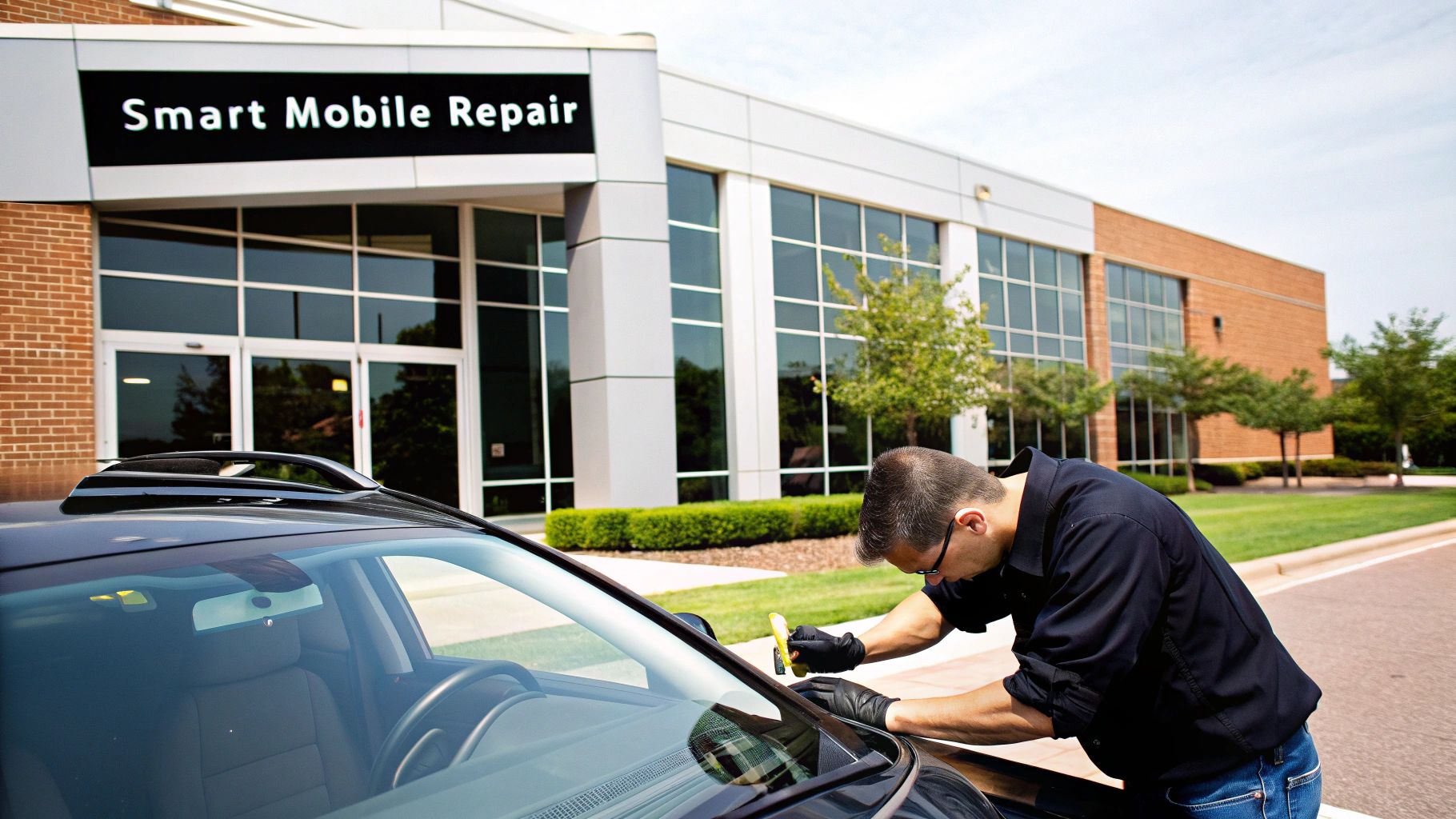 A technician performing a mobile windshield repair on a car in a parking lot