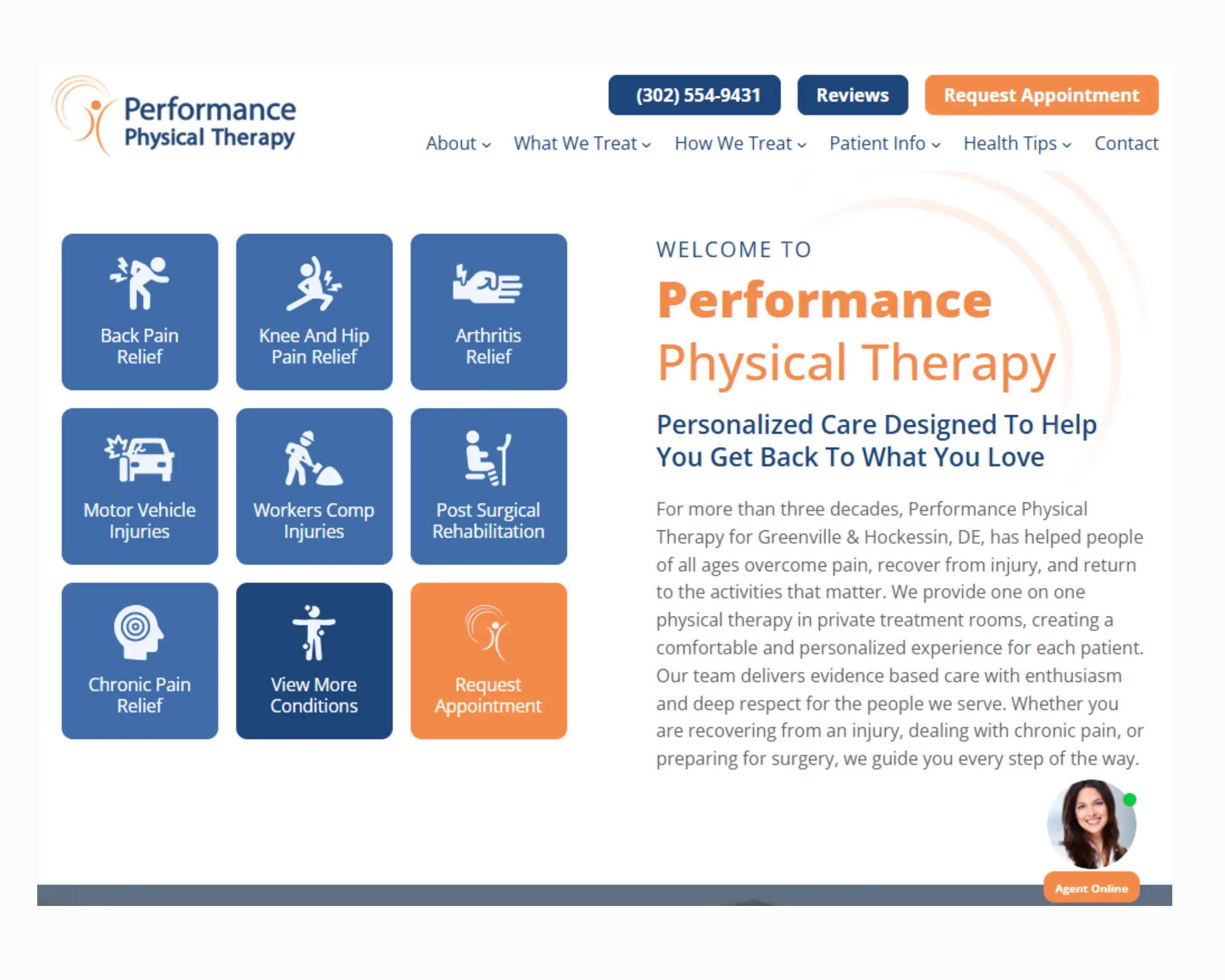 Performance Physical Therapy website showing pain relief and rehabilitation services.