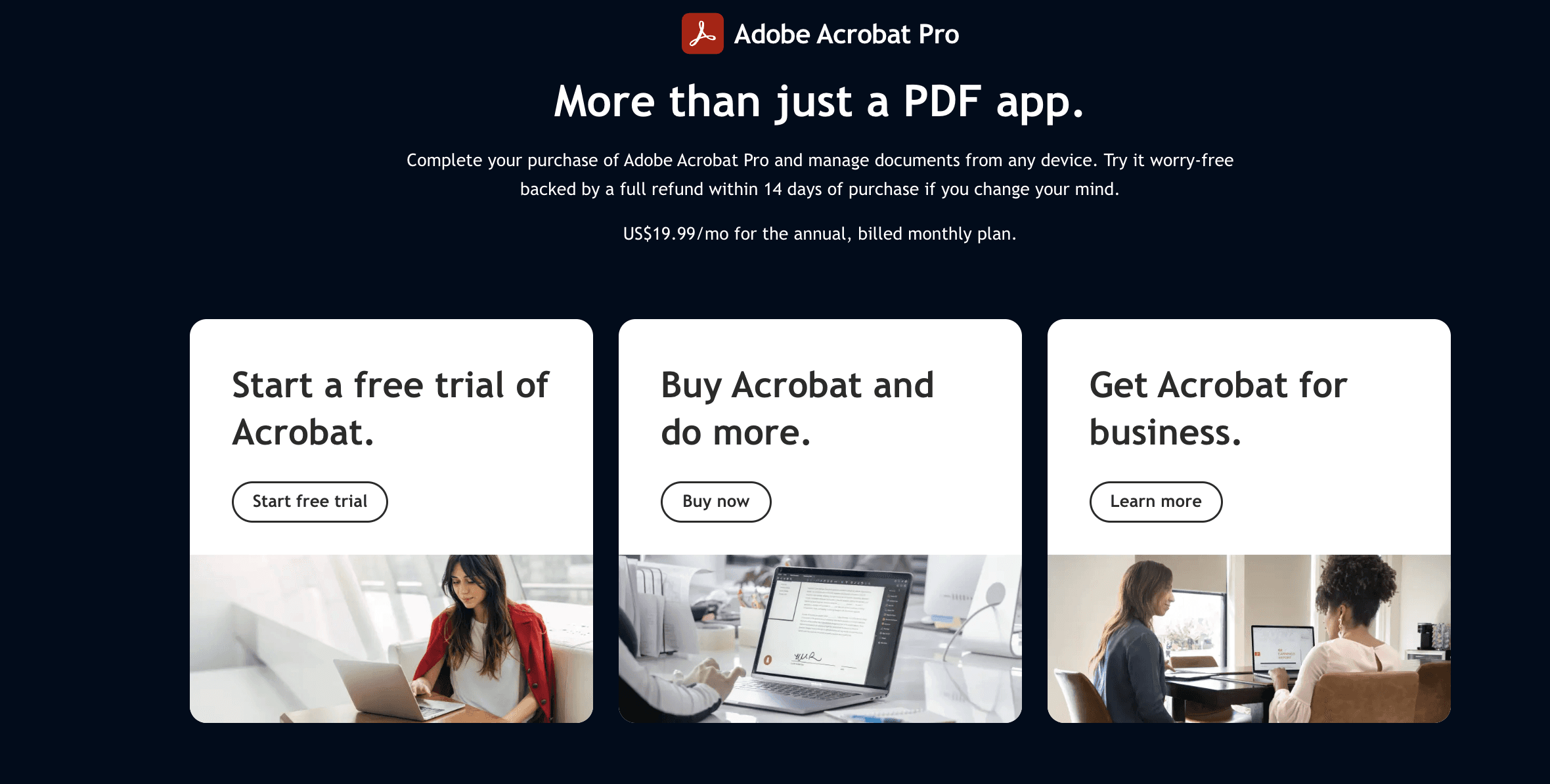Adobe Acrobat Pro DC homepage