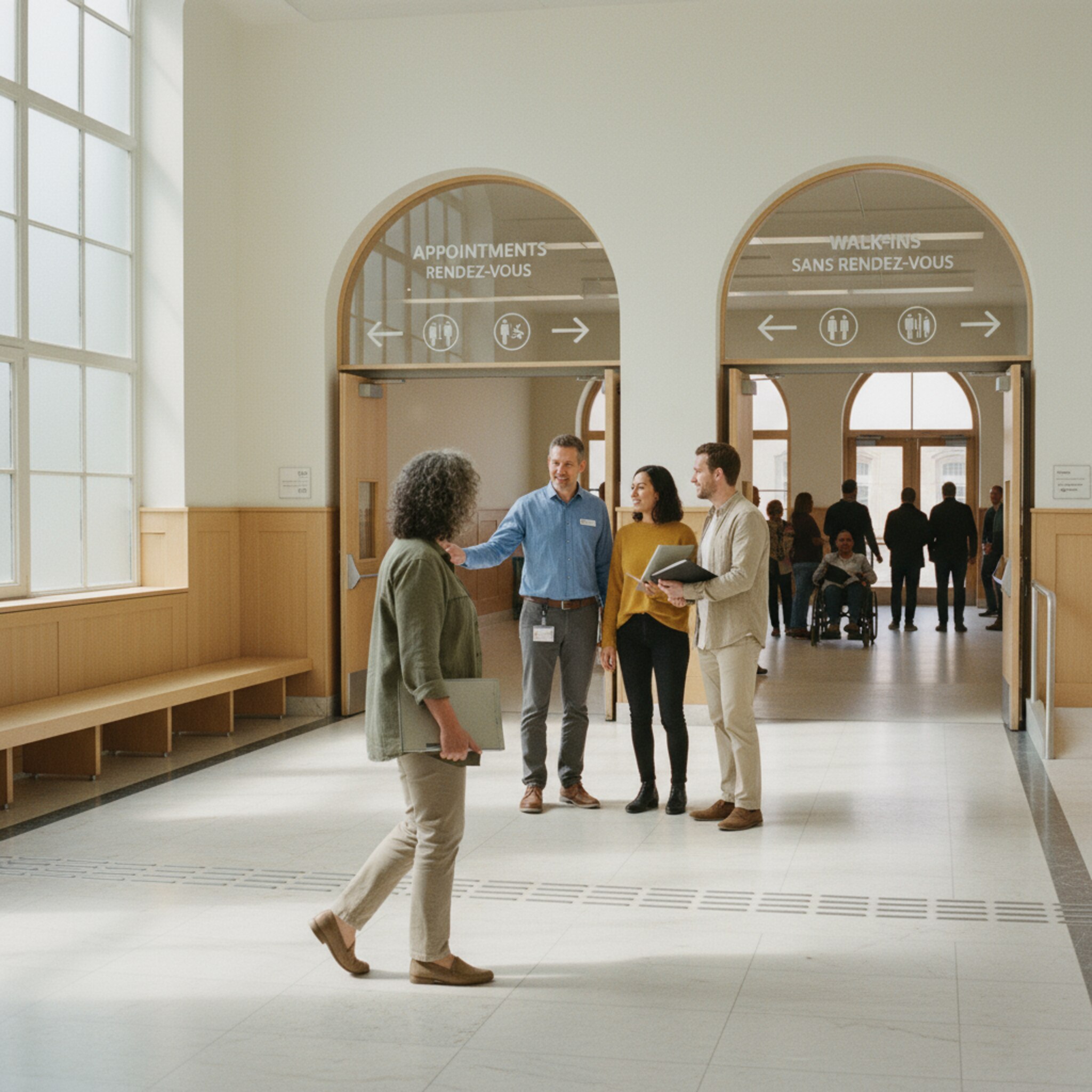Ein Flur mit zwei klar markierten Zugängen: einer für vereinbarte Termine, einer für spontane Vorsprachen. Mitarbeitende lotsen Besucher freundlich in die passende Richtung. Die Menschen tragen Mappen, einige sprechen leise miteinander. Das Setting wirkt geordnet, barrierearm und leicht verständlich.