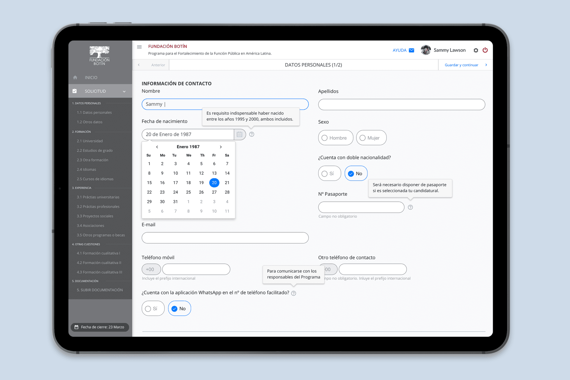 Formulario de inscripción en línea de Fundación Botín en dispositivo tablet.
