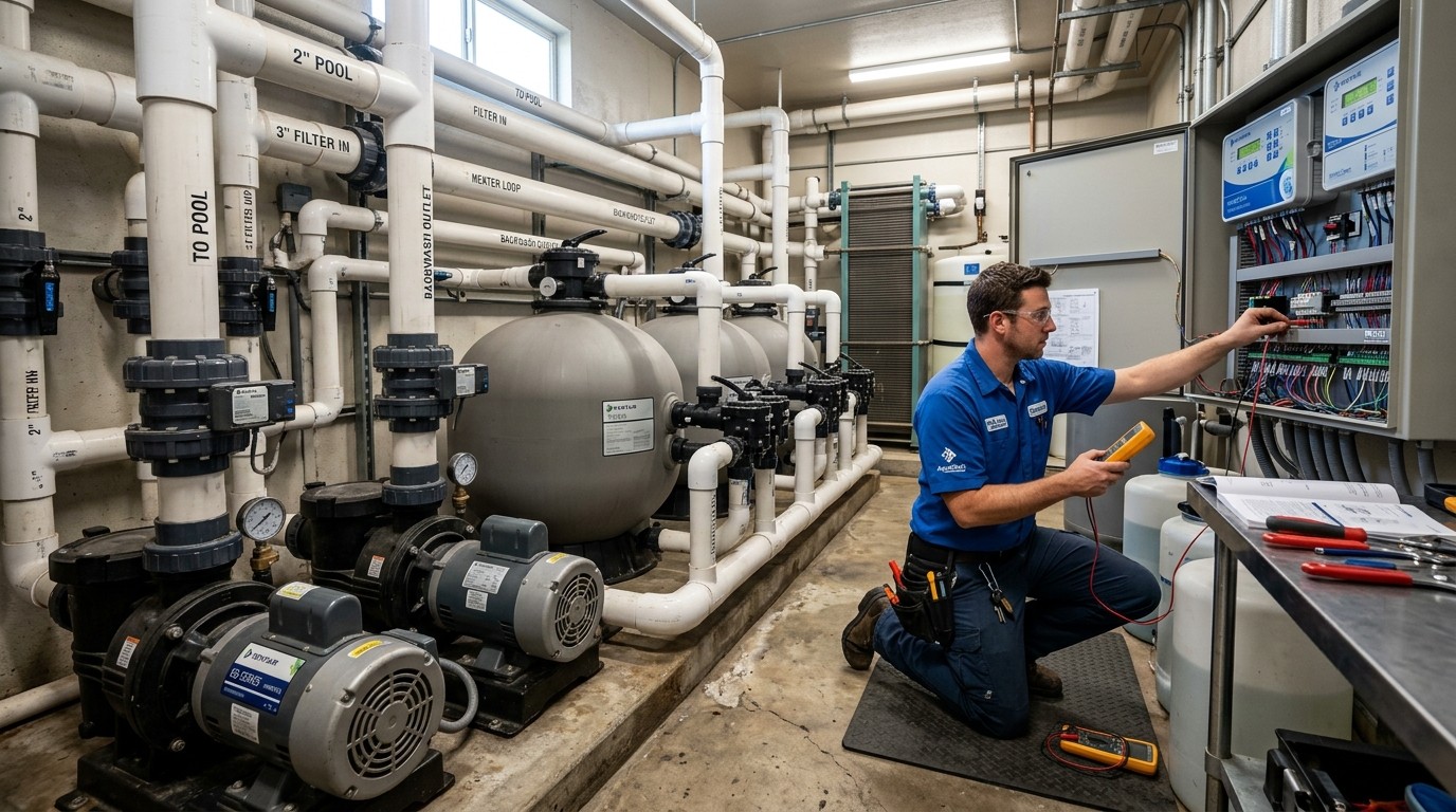 Commercial pool pump room and filtration equipment