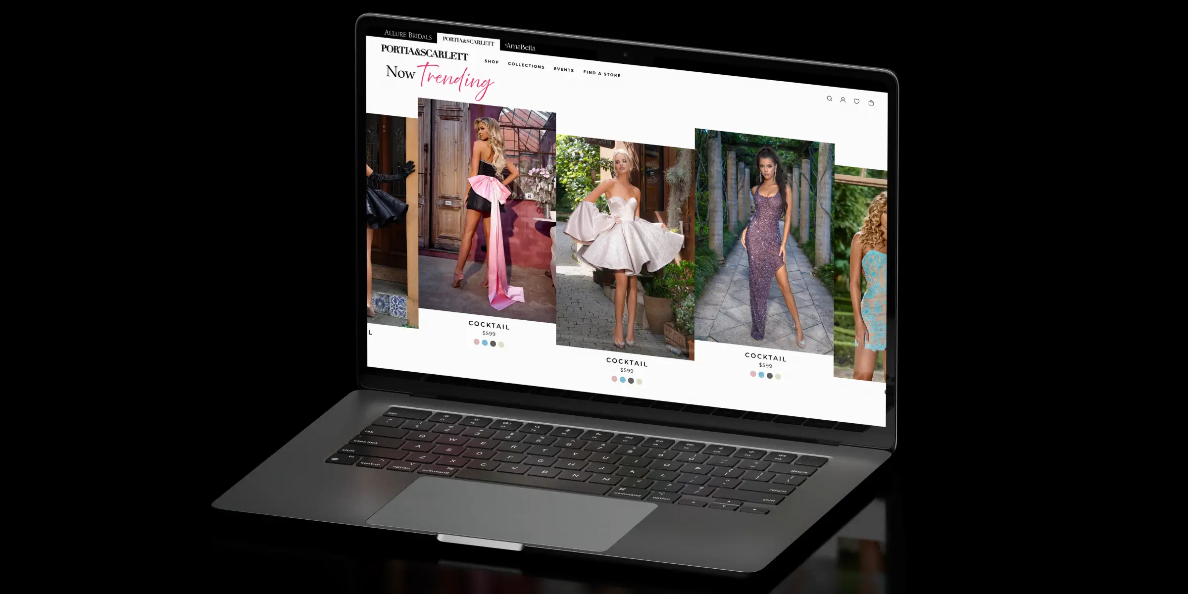 Portia & Scarlett Bridal Website Design: Luxurious e-commerce fashion site displayed on a laptop, featuring trending cocktail and formal gowns.