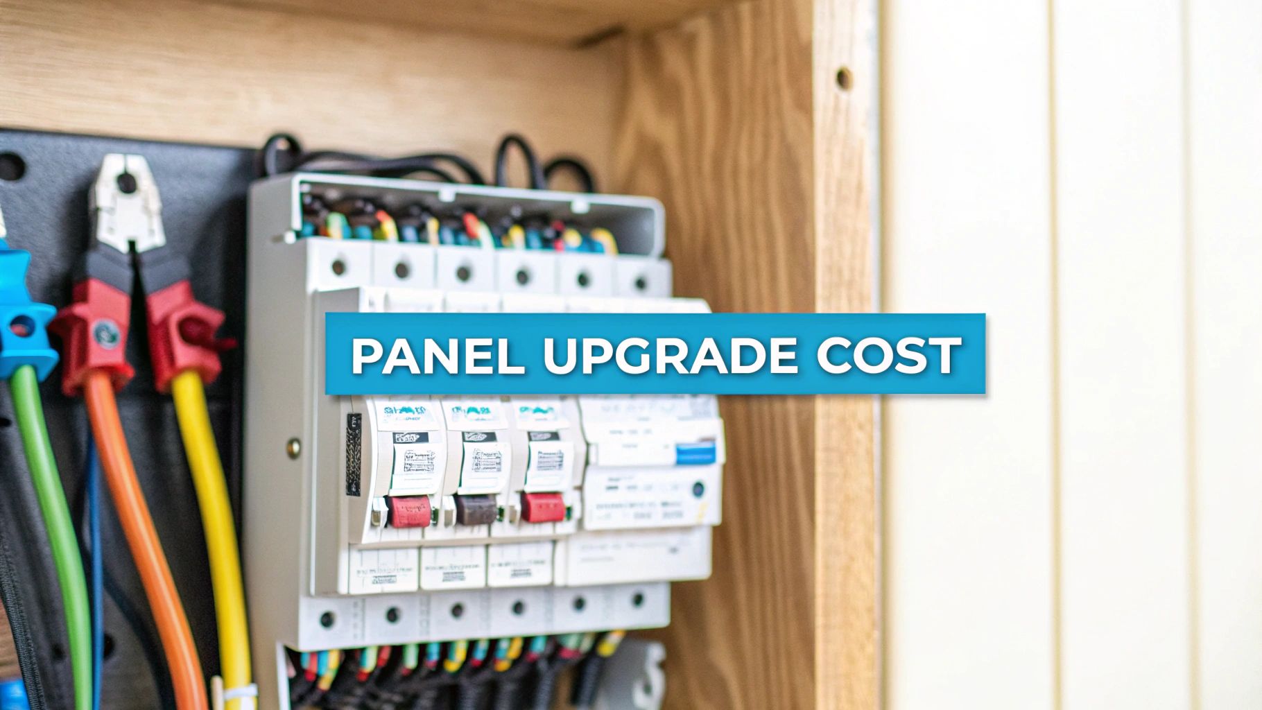 an electrical panel close up with the text 'panel upgrade cost' in the foreground