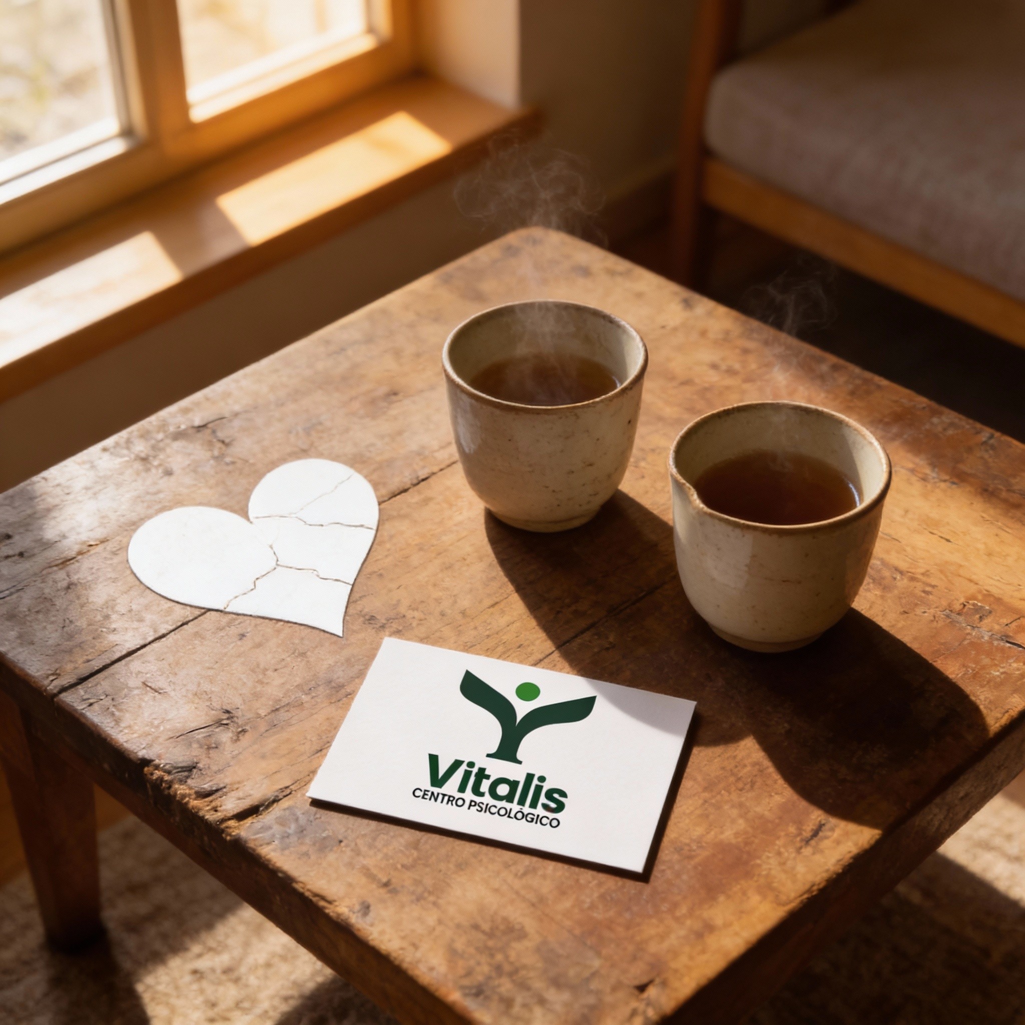 Primer plano de un corazón de cerámica blanca reparado con oro (Kintsugi) sobre una mesa de madera, junto a una tarjeta de presentación de "Vitalis Centro Psicológico" y dos tazas de café humeante.