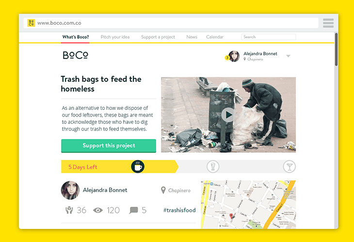 A screenshot of a website displays a campaign titled “Trash bags to feed the homeless.” The page shows a person in a dark jacket sorting trash into a bin, with a trash can overflowing with trash beside them. A green button labeled “Support this project” appears below. The website’s navigation bar includes “What's Boco?,” “Pitch your idea,” “Support a project,” “News,” “Calendar,” and “Search.” A map and a profile picture of Alejandra Bonnet are also visible. The URL www.boco.com.co is displayed at the top.