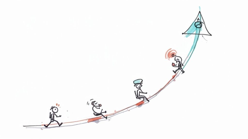 Stick figures depict a journey on an upward path towards a goal, symbolizing progress and stages.