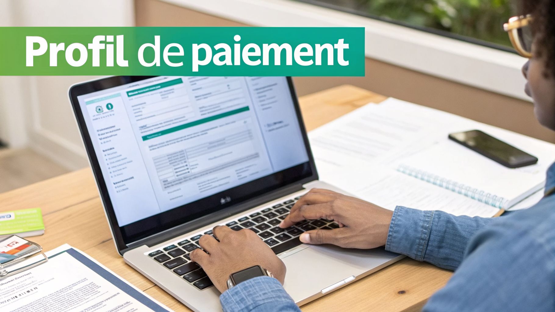 Un homme utilise un ordinateur portable pour gérer son profil de paiement en ligne, avec des documents et un téléphone sur le bureau.
