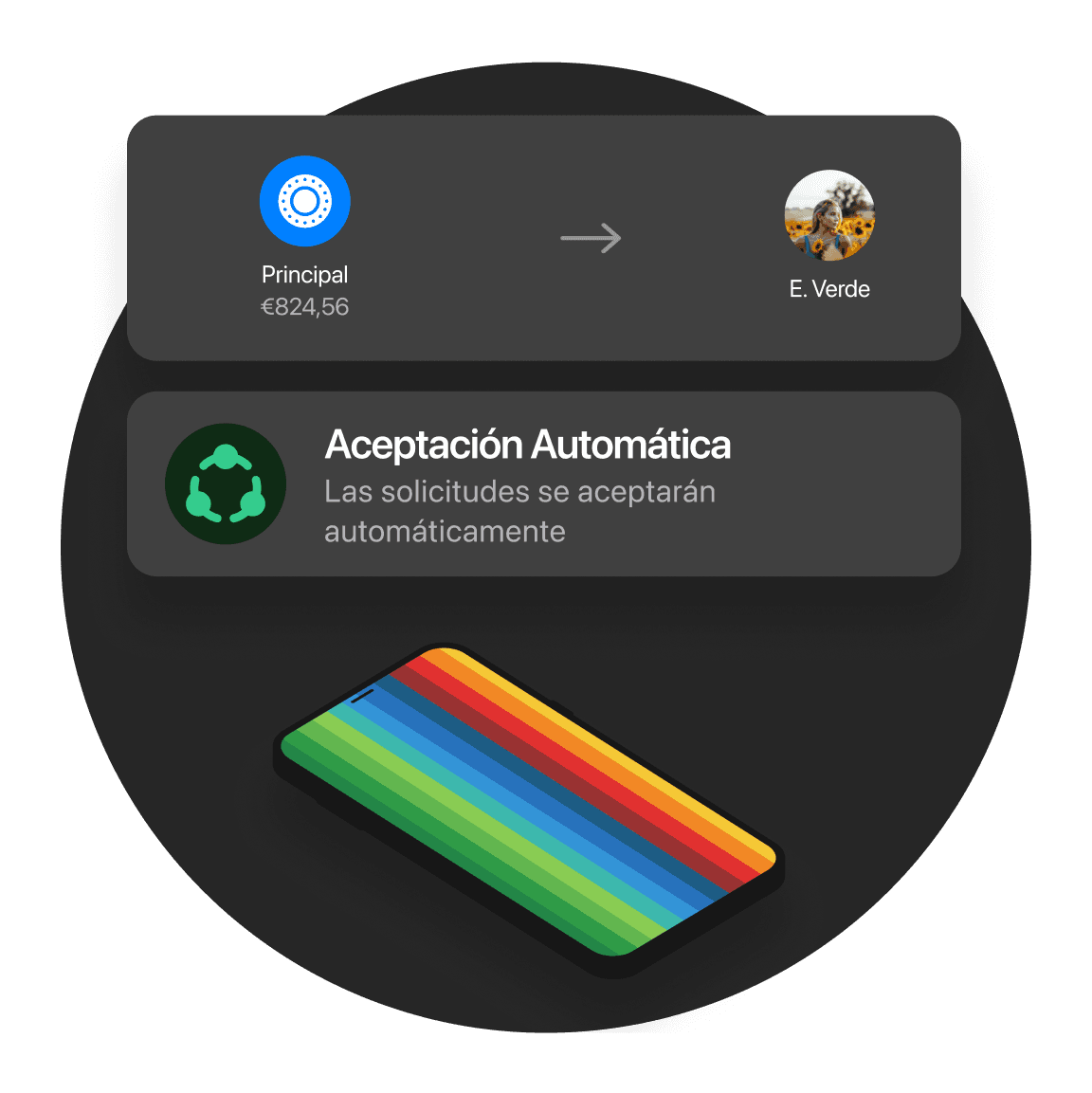Imagen de una interfaz de usuario que muestra el estado de la batería, opciones de carga y una colorida base de carga.
