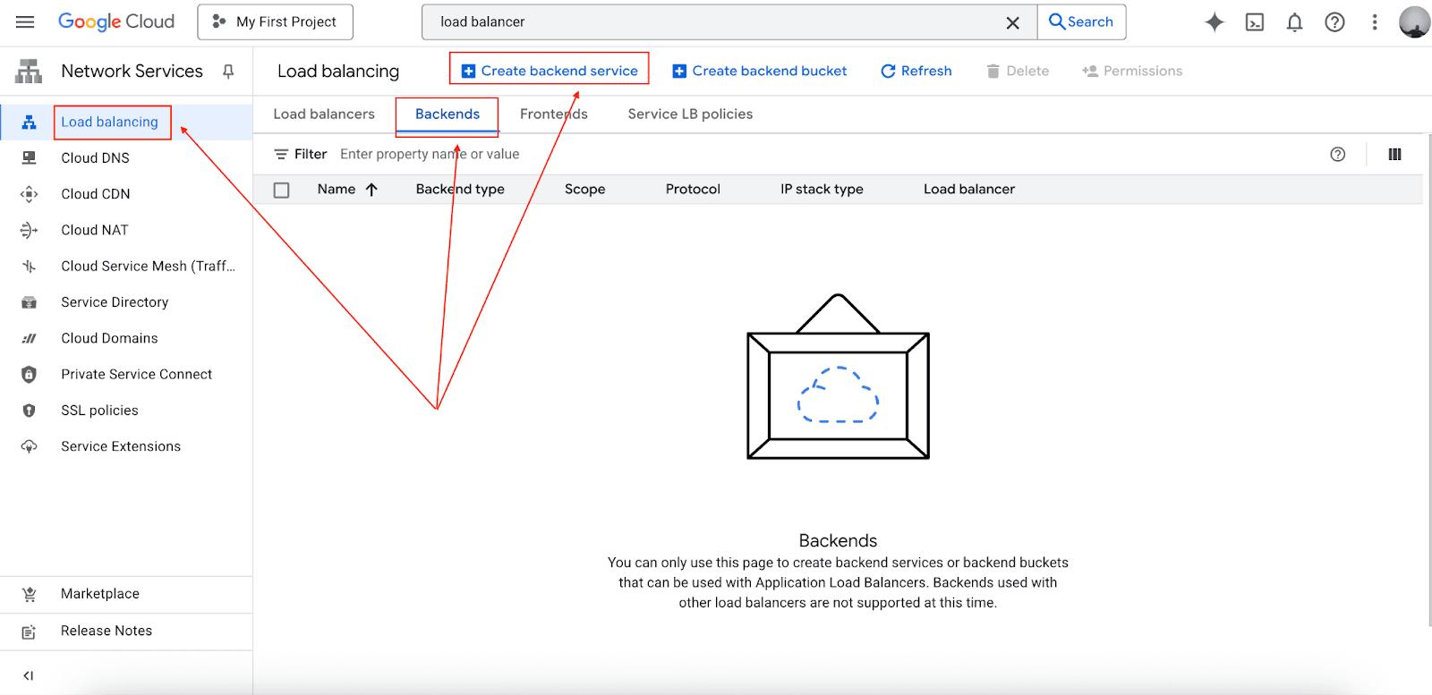 Google Cloud Console Backend Services configuration screen for a load balancer