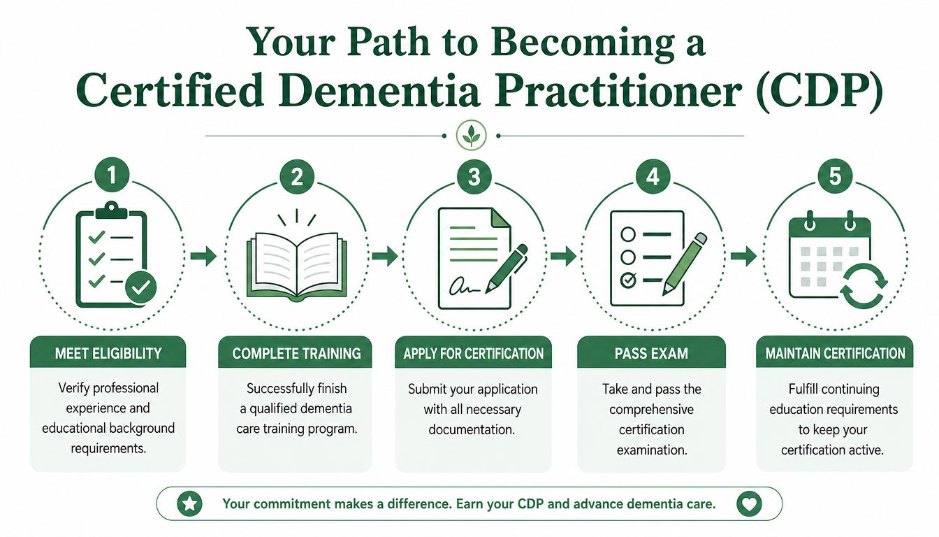 A 5-step infographic illustrating the path to becoming a Certified Dementia Practitioner for professional caregivers.