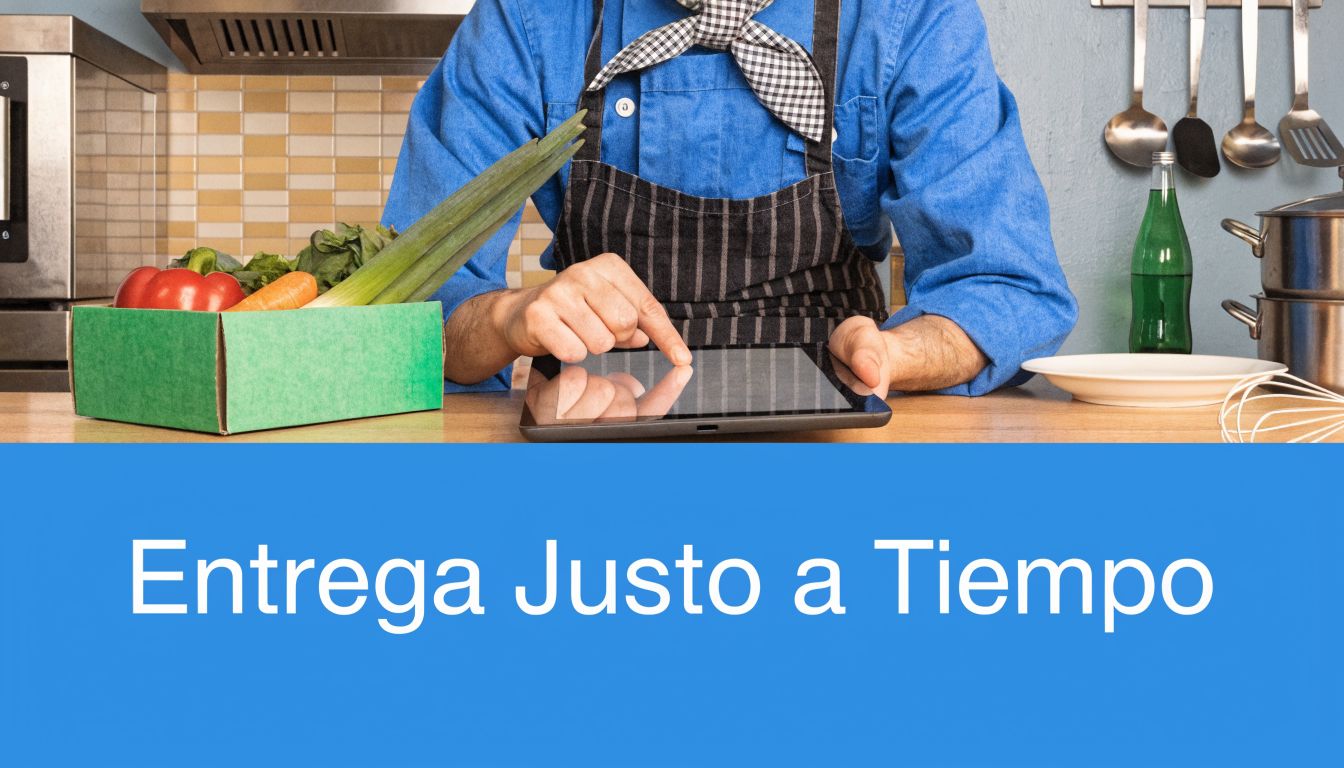 Un cocinero revisando su inventario de ingredientes frescos en una tableta digital dentro de una cocina.