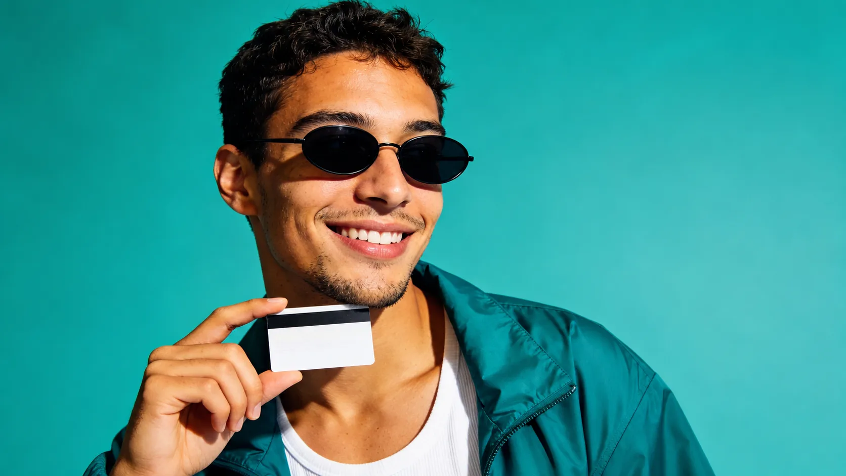 Smiling man holding a card