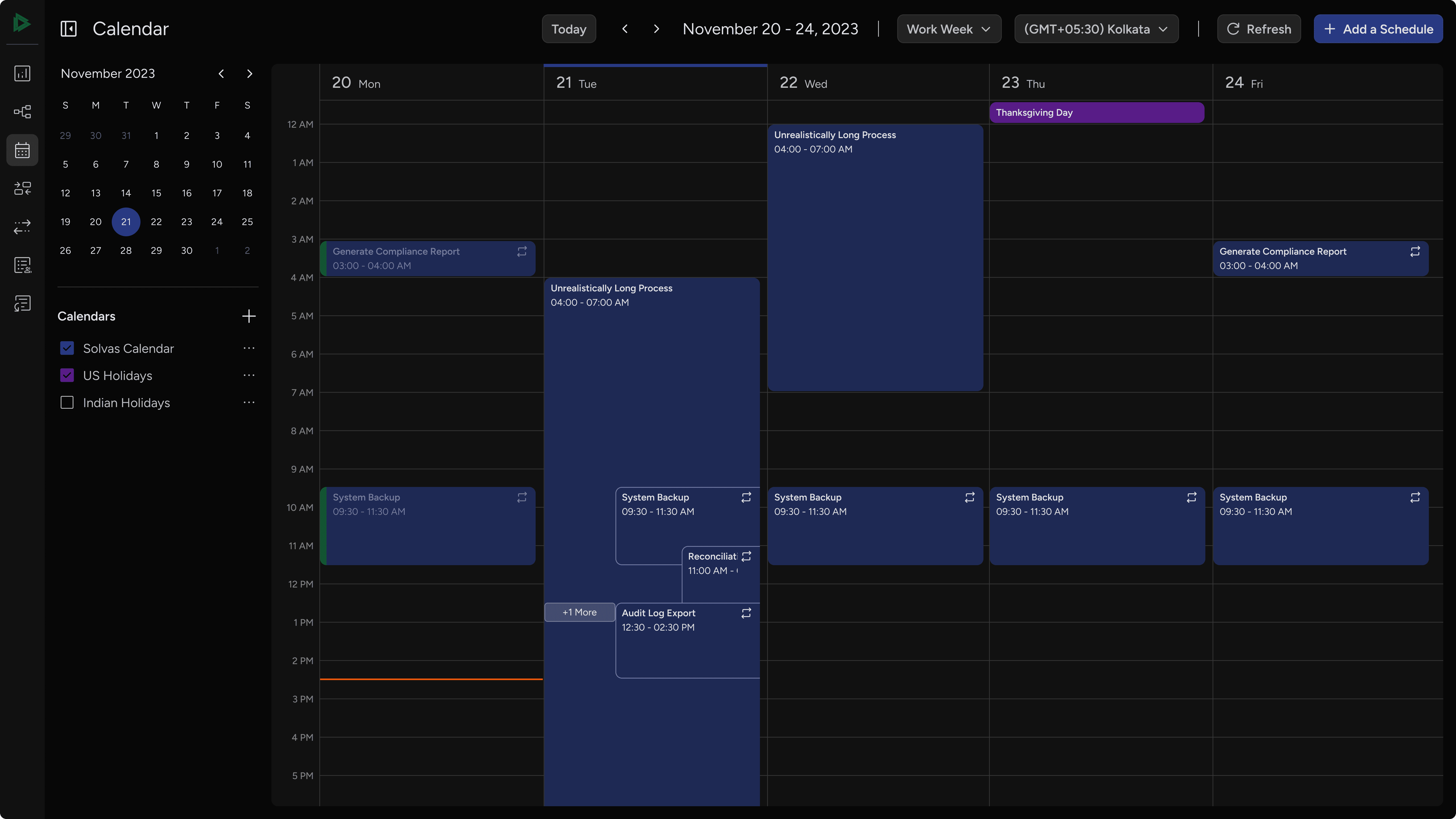 Calendar view showing overlapping events stacked with a “+1 more” option to manage extra events
