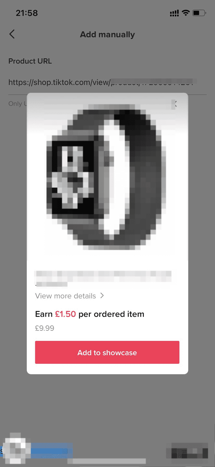 A blurred mobile phone screenshot displaying a pop-up window with a product image of a black smartwatch.