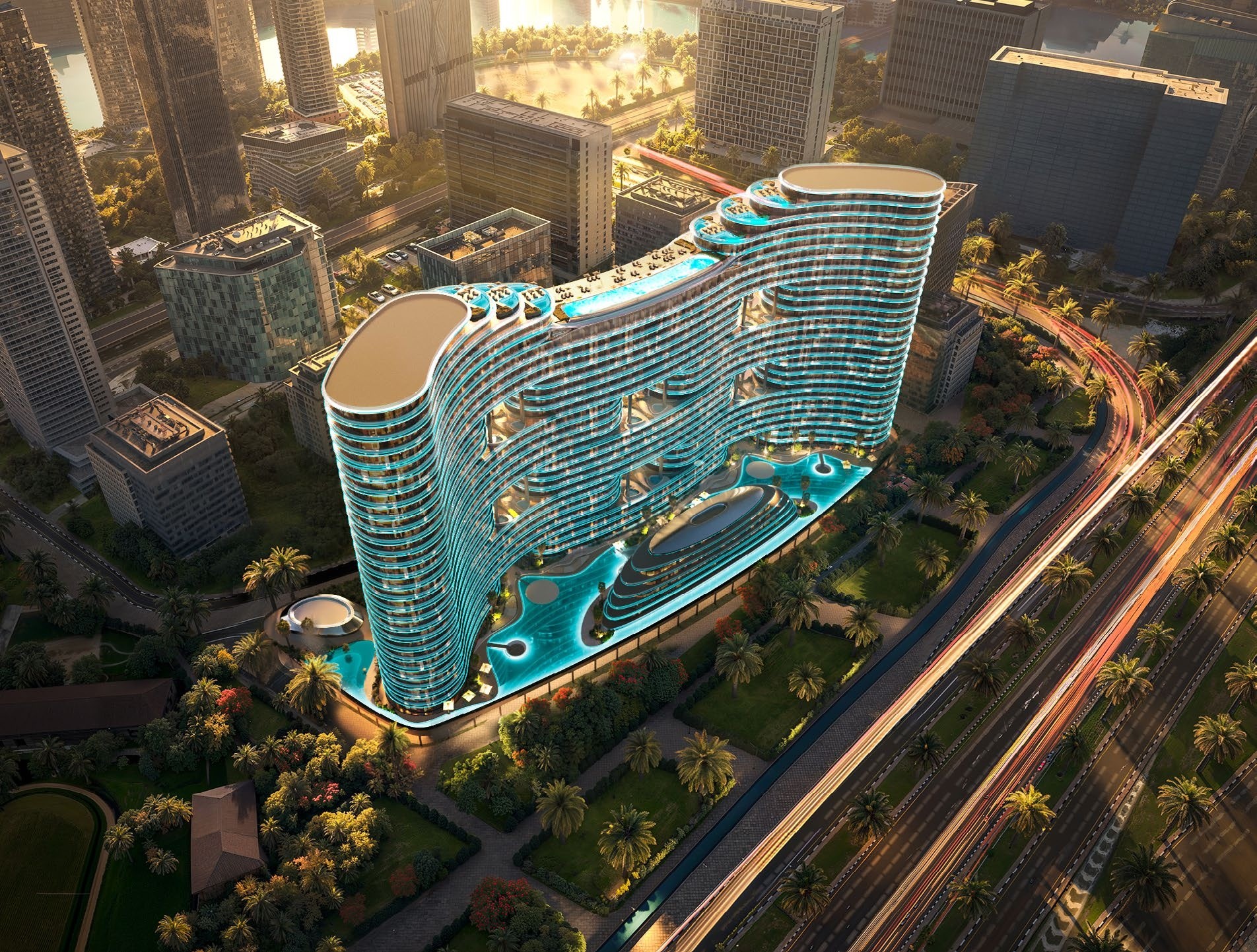 Final render of Binghatti Aquarise tower with Dubai skyline — symbol of modern architectural innovation. Buy Dubai property with crypto via Tylt.