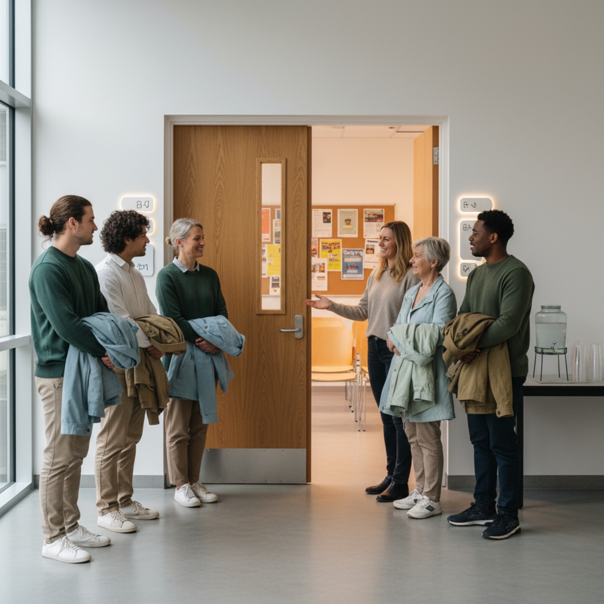 Vor einer schweren Holztür sammelt sich eine kleine Gruppe, Jacken über dem Arm. Eine Organisatorin öffnet die Tür und bittet freundlich hinein. Der Flur ist klar beschildert, der Raum dahinter hell und vorbereitet. Es wirkt geordnet und sicher.