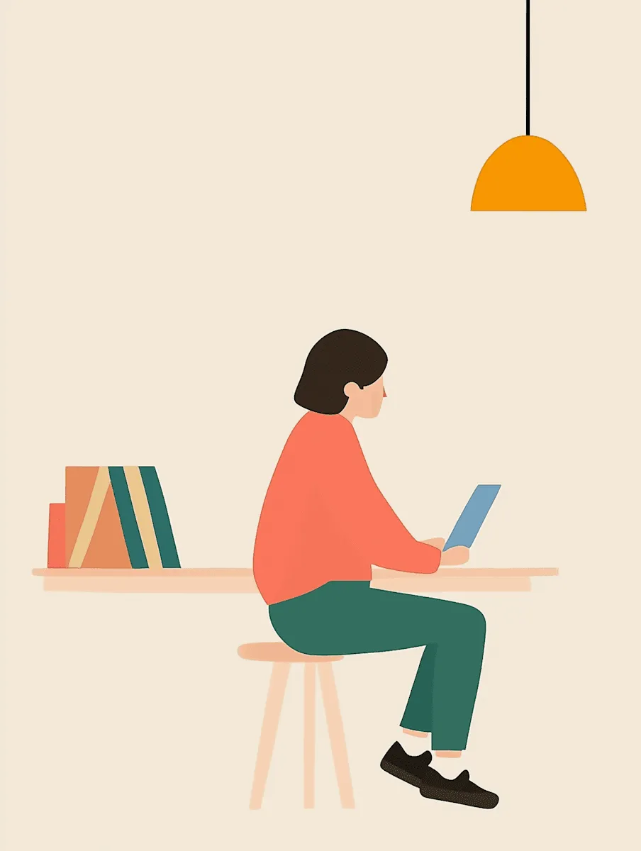 A person sitting at a table, using a laptop, with books in the background and a pendant light overhead.