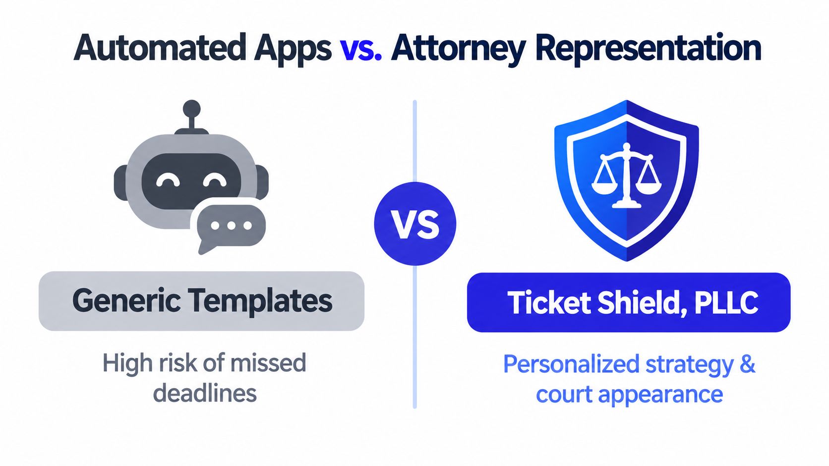 A comparison infographic between automated apps using generic templates and professional attorney representation by Ticket Shield, PLLC.