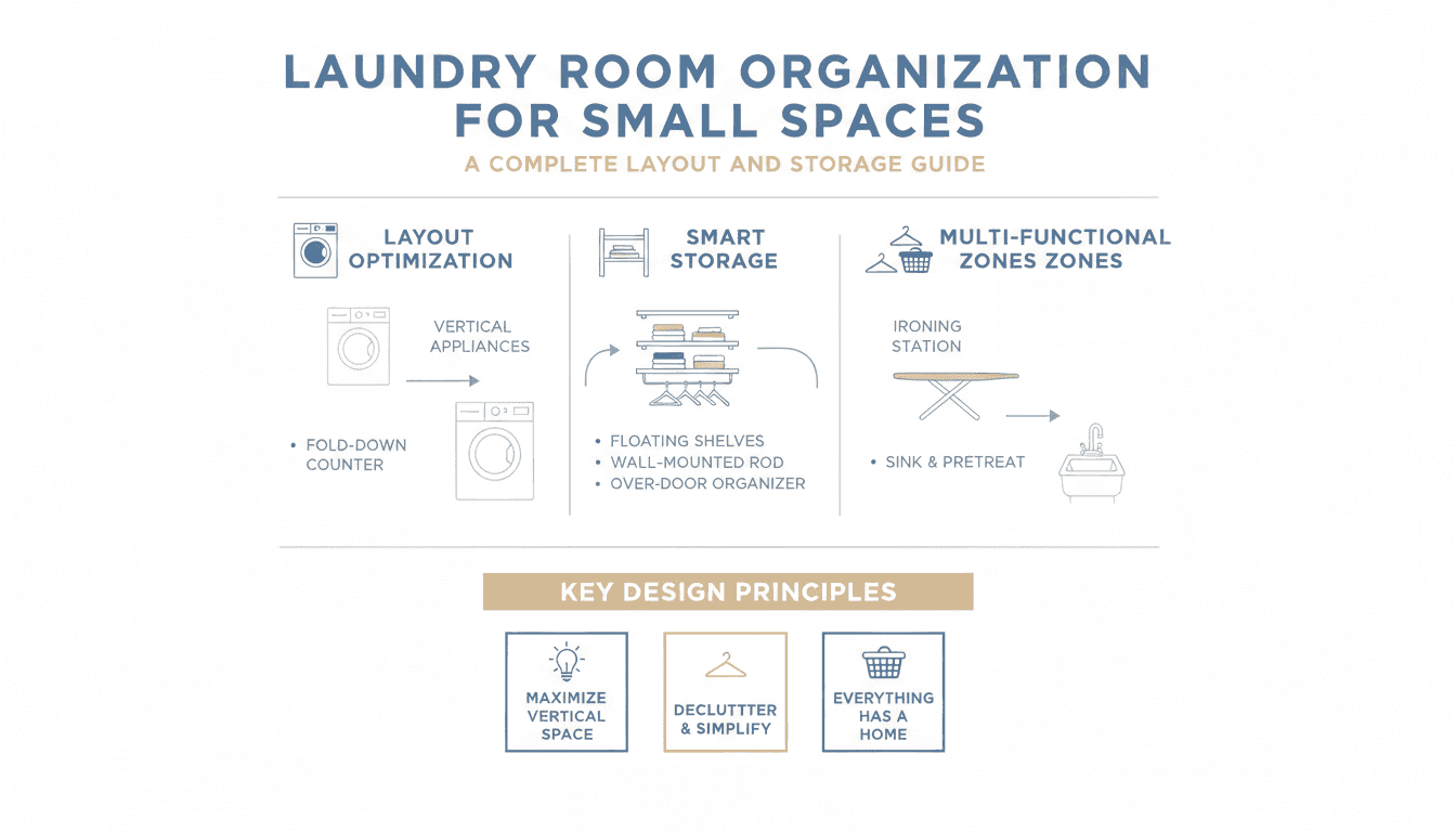 Laundry room organization infographic for small spaces showing stacked washer‑dryer, fold‑down counter, floating shelves, wall‑mounted rod, over‑door organizer, ironing station and sink; tips to maximize vertical space, declutter, and assign homes for items.