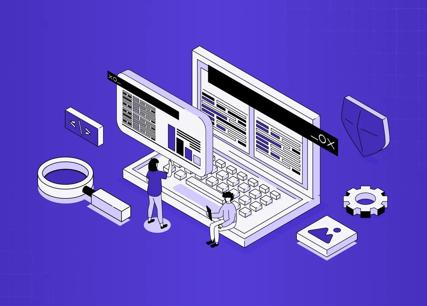 Isometric illustration of designers and developers collaborating on interface design with code, components, and design tools.