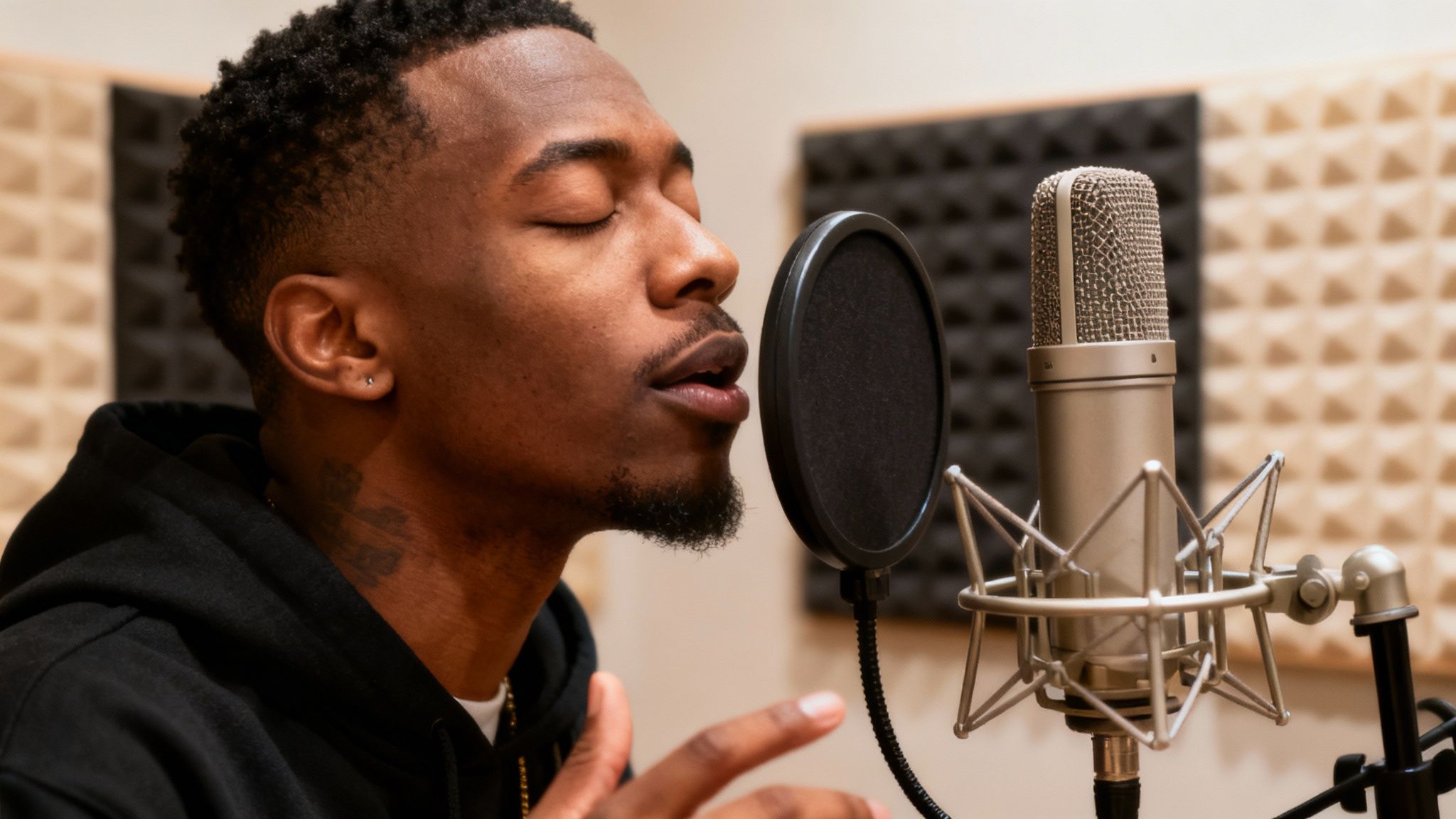 A person in a studio setting rapping passionately into a microphone.