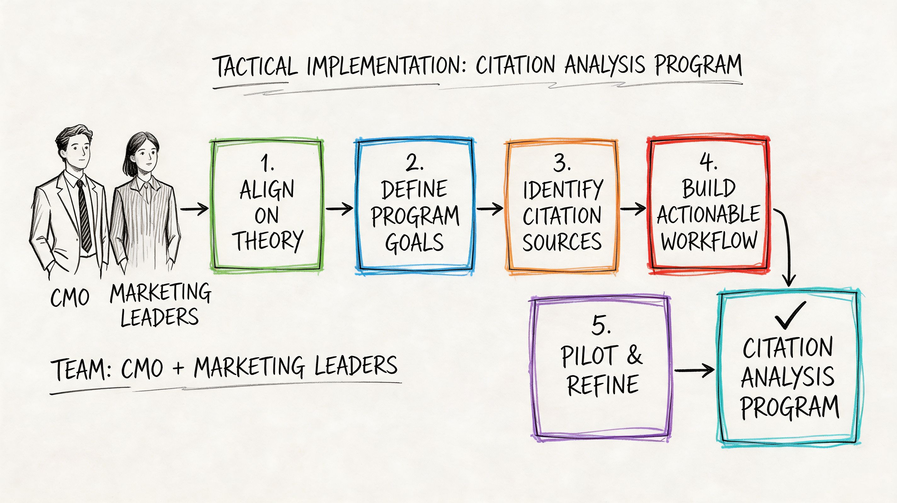 A hand-drawn flowchart illustrating the six-step tactical implementation process for a professional citation analysis program.