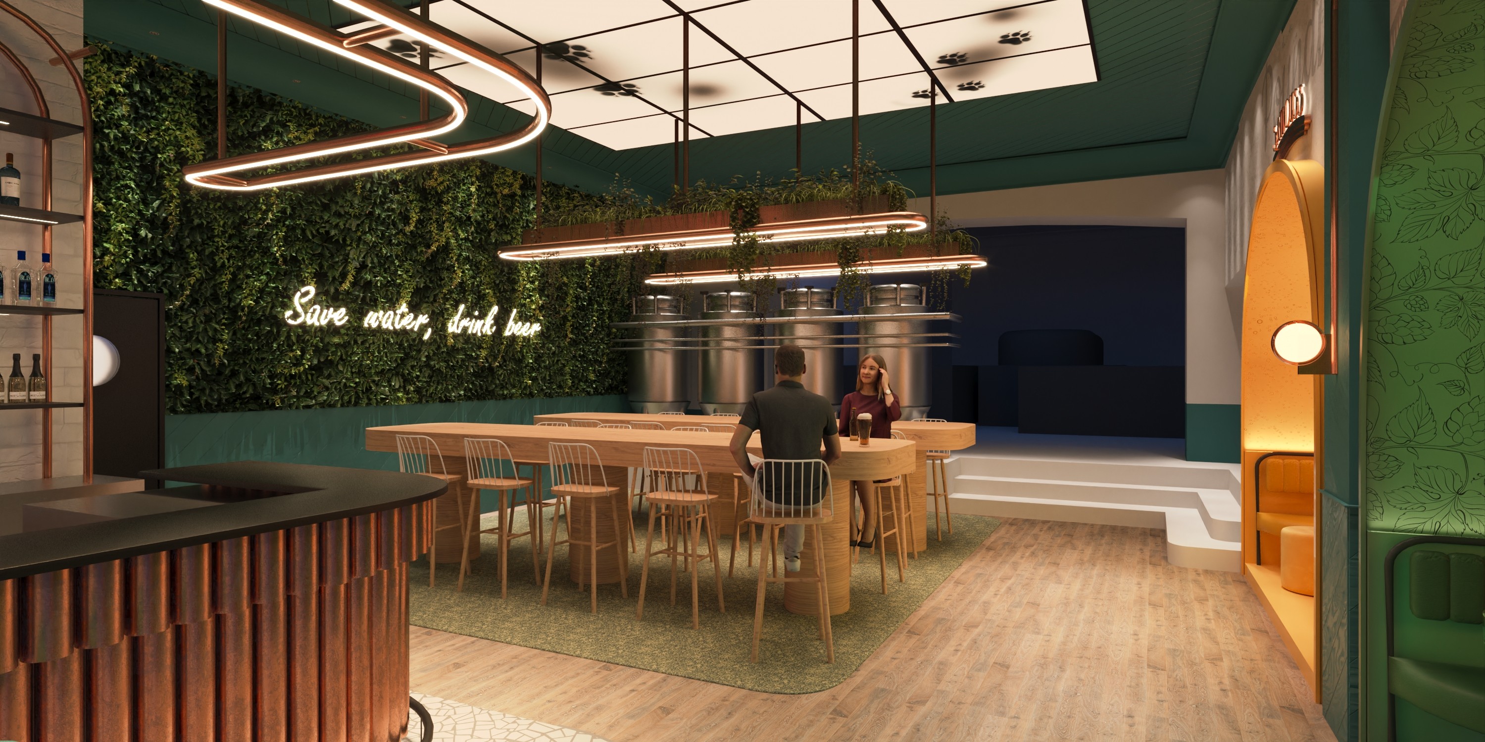 Canopee and degustation testing area of Tiger Bock design concept bar in Strasbourg with creative materials and direction inspired by beer brewing 