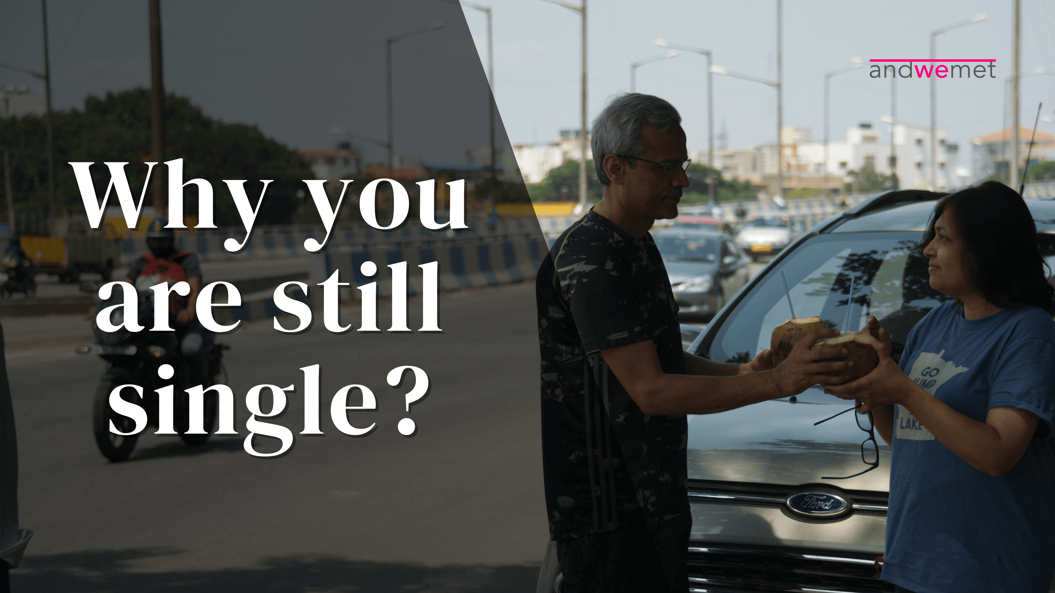 Couple meeting and talking by car on busy street representing real-world connections beyond restrictive dating filters - andwemet blog